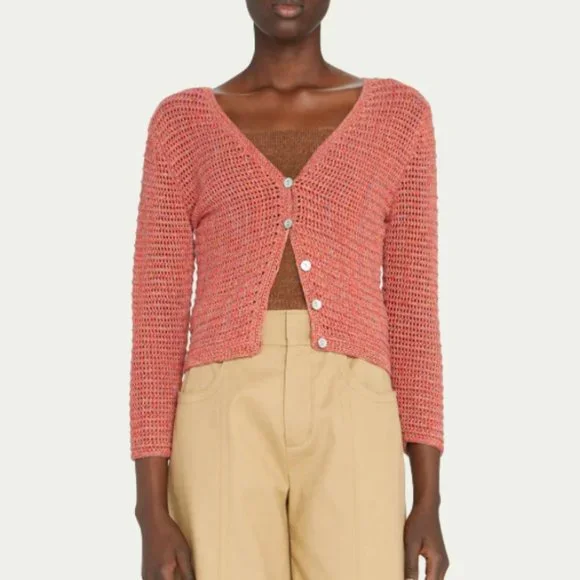 VINCE Marled Crochet Cardigan, M, Burnt Coral